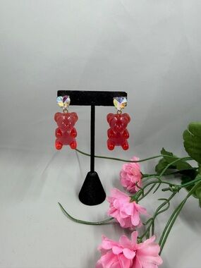 Betsy Johnson Red Gummy Bear Dangle Earrings with Heart Studs